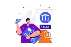 concepto plano moderno de banca móvil para diseño de banner web. hombre que usa tarjeta de crédito para retirar efectivo y cuenta bancaria en línea para administrar ahorros en la aplicación. ilustración vectorial con escena de personas aisladas vector