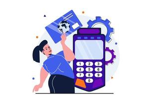 concepto plano moderno de pago en línea para diseño de banner web. la mujer paga las compras con tarjeta de crédito y administra los gastos, contando dinero en la calculadora. ilustración vectorial con escena de personas aisladas vector