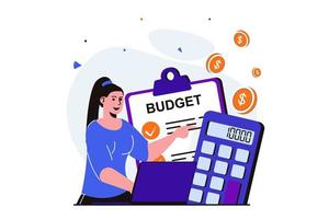 Planning financial budget modern flat concept for web banner design. Woman keeps accounts and counts business budget using calculator, analyzes balance. Vector illustration with isolated people scene