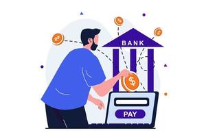 concepto plano moderno de pago en línea para diseño de banner web. el hombre paga la factura de compras y realiza transferencias bancarias usando una computadora portátil. servicio de transacciones seguras. ilustración vectorial con escena de personas aisladas vector