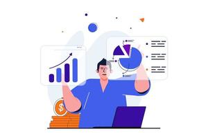 concepto plano moderno de rendimiento de ventas para diseño de banner web. el hombre estudia estadísticas financieras en gráficos y ganancias de la empresa en gráficos, trabaja en pantallas. ilustración vectorial con escena de personas aisladas vector