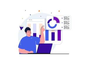 concepto plano moderno de rendimiento de ventas para diseño de banner web. man analiza el progreso financiero y el presupuesto de la empresa, trabaja con gráficos y tablas de datos. ilustración vectorial con escena de personas aisladas vector