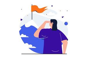 Searching for opportunities modern flat concept for web banner design. Woman looks at top of mountain with red flag and strives to achieve new goal. Vector illustration with isolated people scene