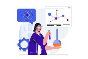 Science research modern flat concept for web banner design. Woman holds flask and test tube, explores and makes chemical experiment, works in laboratory. Vector illustration with isolated people scene