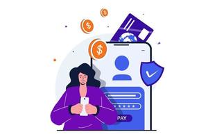 concepto plano moderno de pago seguro para diseño de banner web. la mujer inicia sesión en la cuenta bancaria en línea con contraseña y administra su tarjeta de crédito en la aplicación. ilustración vectorial con escena de personas aisladas vector