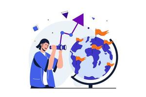 Searching for opportunities modern flat concept for web banner design. Woman looking binoculars at planet, global goals and success development strategy. Vector illustration with isolated people scene