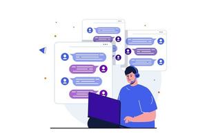 asistente virtual concepto plano moderno para diseño de banner web. el hombre en auriculares chatea con el cliente en messenger, ayuda a resolver problemas y da consejos. ilustración vectorial con escena de personas aisladas vector