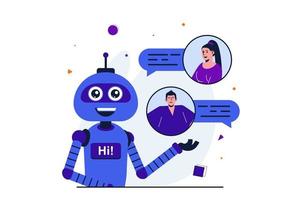 asistente virtual concepto plano moderno para diseño de banner web. robot de inteligencia artificial responde a los mensajes de los clientes, ayuda y aconseja en la aplicación. ilustración vectorial con escena de personas aisladas vector