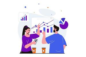 Teamwork modern flat concept for web banner design. Woman and man analyze data, discuss statistics, planing and create company development strategy. Vector illustration with isolated people scene