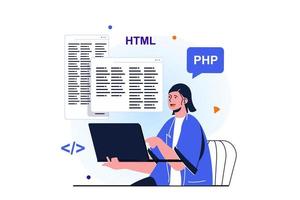 mujeres que trabajan en un concepto plano moderno para el diseño de banners web. mujer trabaja como programadora, desarrolla programas, escribe código en html y php, trabaja en la industria de TI. ilustración vectorial con escena de personas aisladas
