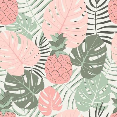 Tropical leaves and pineapple seamless pattern