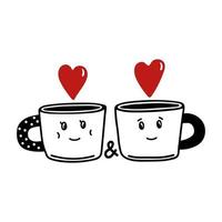 Hand drawn doodle style cups in black color with red hearts vector