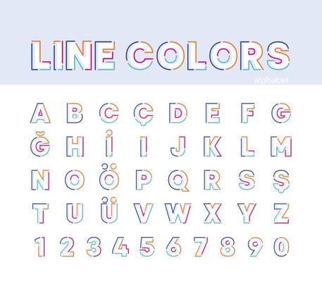 Abstract creative alphabet, colorful linear alphabet set. Modern alphabet lines with new pop art colors. Font number template. Set thin line clean style to design.
