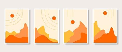 paisaje de montaña de diseño plano dibujado a mano con colección de arte de pared de sol vector