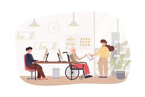 Programmers working at office modern flat concept. Developers coding, discuss tasks. Handicapped person on wheelchair work in IT industry. Vector illustration with people scene for web banner design