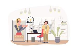 Virtual assistant modern flat concept. Client calls technical support service and personal consultant solves the problem by smartphone. Vector illustration with people scene for web banner design