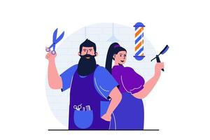 Barbershop modern flat concept for web banner design. Man barber and woman hairdresser with scissors and straight razor waiting for clients in studio. Vector illustration with isolated people scene