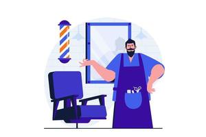 concepto plano moderno de barbería para diseño de banner web. peluquero masculino en delantal con herramientas de trabajo se encuentra junto al espejo y sillón para el cliente en el estudio. ilustración vectorial con escena de personas aisladas vector