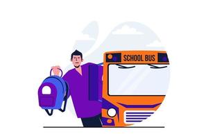 Back to school modern flat concept for web banner design. Happy student with backpack goes to lessons on yellow bus. Teenager pupil rushes to class. Vector illustration with isolated people scene