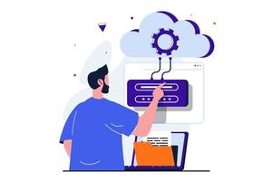 Cloud computing modern flat concept for web banner design. Man enters password and login to access cloud storage for uploading and processing files. Vector illustration with isolated people scene