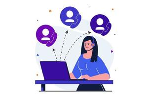 Customer service modern flat concept for web banner design. Woman consultant working on laptop and answering customer calls. Operator works on hotline. Vector illustration with isolated people scene