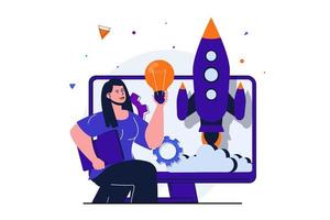 Business startup modern flat concept for web banner design. Happy woman entrepreneur develops idea, creates new successful project and launches rocket. Vector illustration with isolated people scene