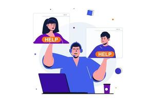 concepto plano moderno de servicio al cliente para diseño de banner web. hombre consultor que ayuda a los clientes en línea, brinda asesoramiento y resuelve problemas técnicos. ilustración vectorial con escena de personas aisladas vector