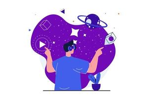 Cyberspace modern flat concept for web banner design. Man in VR glasses explores simulated space and planets in augmented reality. Interactive education. Vector illustration with isolated people scene