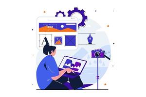 concepto plano moderno de trabajo independiente para el diseño de banner web. mujer diseñadora desarrolla el diseño del sitio, crea gráficos y fotos para llenar la página, trabaja en línea. ilustración vectorial con escena de personas aisladas vector