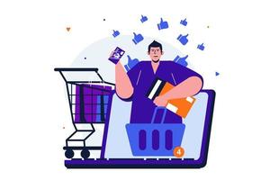 Online shopping modern flat concept for web banner design. Man makes purchases at profitable prices, fills basket and cart, paying with credit card. Vector illustration with isolated people scene