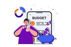 Planning financial budget modern flat concept for web banner design. Male accountant analyzes financial statistics and saves money in mobile application. Vector illustration with isolated people scene