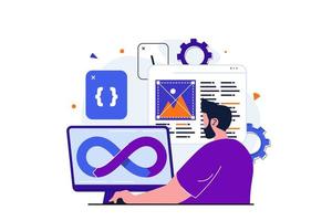 programador que trabaja en un concepto plano moderno para el diseño de banners web. desarrollador crea software y código de programación. el administrador administra los procesos devops. ilustración vectorial con escena de personas aisladas vector