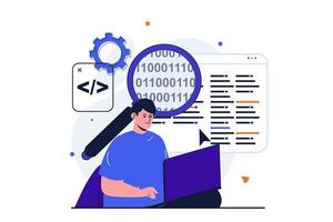 Programmer working modern flat concept for web banner design. Male developer analyzes and optimizes code, configures software and working on laptop. Vector illustration with isolated people scene