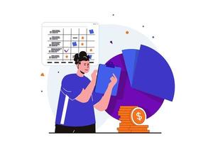Planning financial budget modern flat concept for web banner design. Man analyzes financial statistics on chart, write down income and expenses money. Vector illustration with isolated people scene