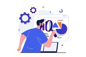 Seo analysis modern flat concept for web banner design. Man with magnifier analyzes data and search results, improves rankings and optimizes site. Vector illustration with isolated people scene