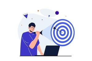 Searching for opportunities modern flat concept for web banner design. Man shines flashlight at target and hits bullseye, achieves goals and leadership. Vector illustration with isolated people scene