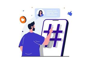 concepto plano moderno de red social para diseño de banner web. el hombre chatea con la mujer en la aplicación, usa hashtags y le gustan las publicaciones, se comunica en línea. ilustración vectorial con escena de personas aisladas vector