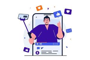 Video blogging modern flat concept for web banner design. Man with selfie stick records vlog on smartphone camera or broadcasts live to followers. Vector illustration with isolated people scene