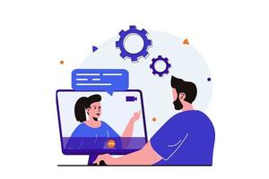 Video chatting modern flat concept for web banner design. Man listening woman via video communication and looks at computer screen. Online communication. Vector illustration with isolated people scene