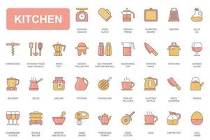 Kitchen concept simple line icons set. Pack outline pictograms of scales, oven glove, chopping board, grater, rolling pin, knife, pan, blender and other. Vector elements for mobile app and web design