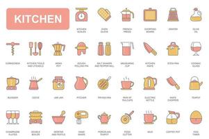 concepto de cocina conjunto de iconos de línea simple. paquete de pictogramas de escamas, guante de horno, tabla de cortar, rallador, rodillo, cuchillo, sartén, licuadora y otros. elementos vectoriales para aplicaciones móviles y diseño web vector