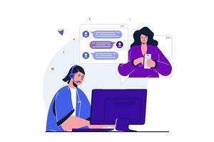 asistente virtual concepto plano moderno para diseño de banner web. el operador escribe mensajes en el chat, la mujer cliente recibe ayuda y asesoramiento técnico en la aplicación. ilustración vectorial con escena de personas aisladas vector