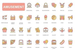 Amusement park concept simple line icons set. Pack outline pictograms of ferris wheel, clown, rollercoaster, theatre, balloon, firework, circus and other. Vector elements for mobile app and web design