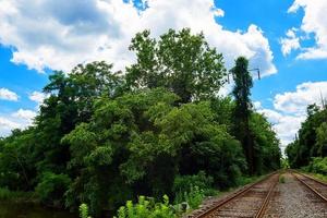 Green trees by the lake sunny day, with clouds on the sky railroad rails road photo