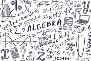 conjunto de iconos de símbolos matemáticos. diseño de garabatos de álgebra o matemáticas. concepto de educación y estudio. fondo de regreso a la escuela para cuaderno, no bloc, cuaderno de bocetos. ilustración dibujada a mano. vector