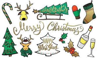 Christmas collection with hand drawn color cartoon icons vector