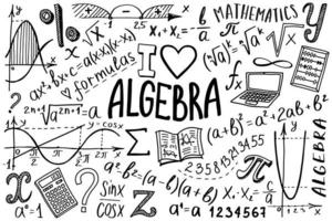 conjunto de iconos de símbolos matemáticos. diseño de garabatos de álgebra o matemáticas. concepto de educación y estudio. fondo de regreso a la escuela para cuaderno, no bloc, cuaderno de bocetos. ilustración dibujada a mano. vector