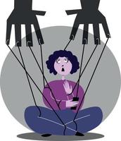 Person controlled like a puppet by black strings tied to black hands vector