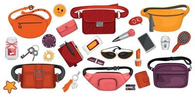 Trendy Waist Bags And Their Contents vector