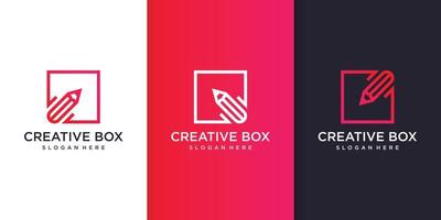 Creative box logo with pencil line art style inside Premium Vector